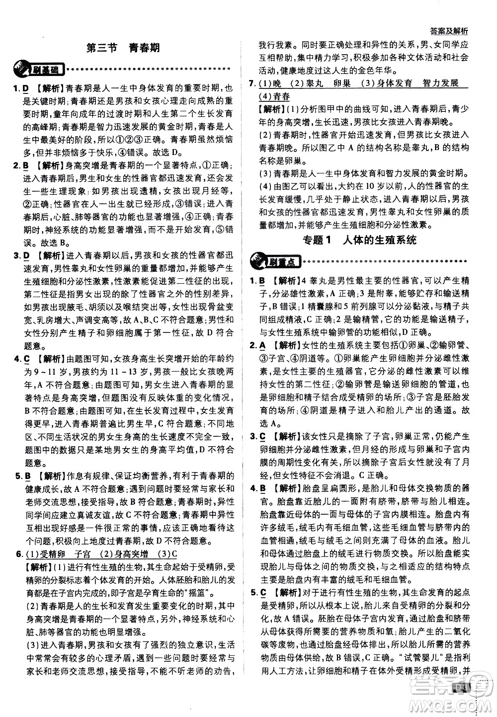 開明出版社2021版初中必刷題生物七年級(jí)下冊RJ人教版答案