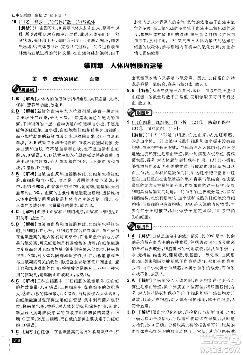 開明出版社2021版初中必刷題生物七年級(jí)下冊RJ人教版答案