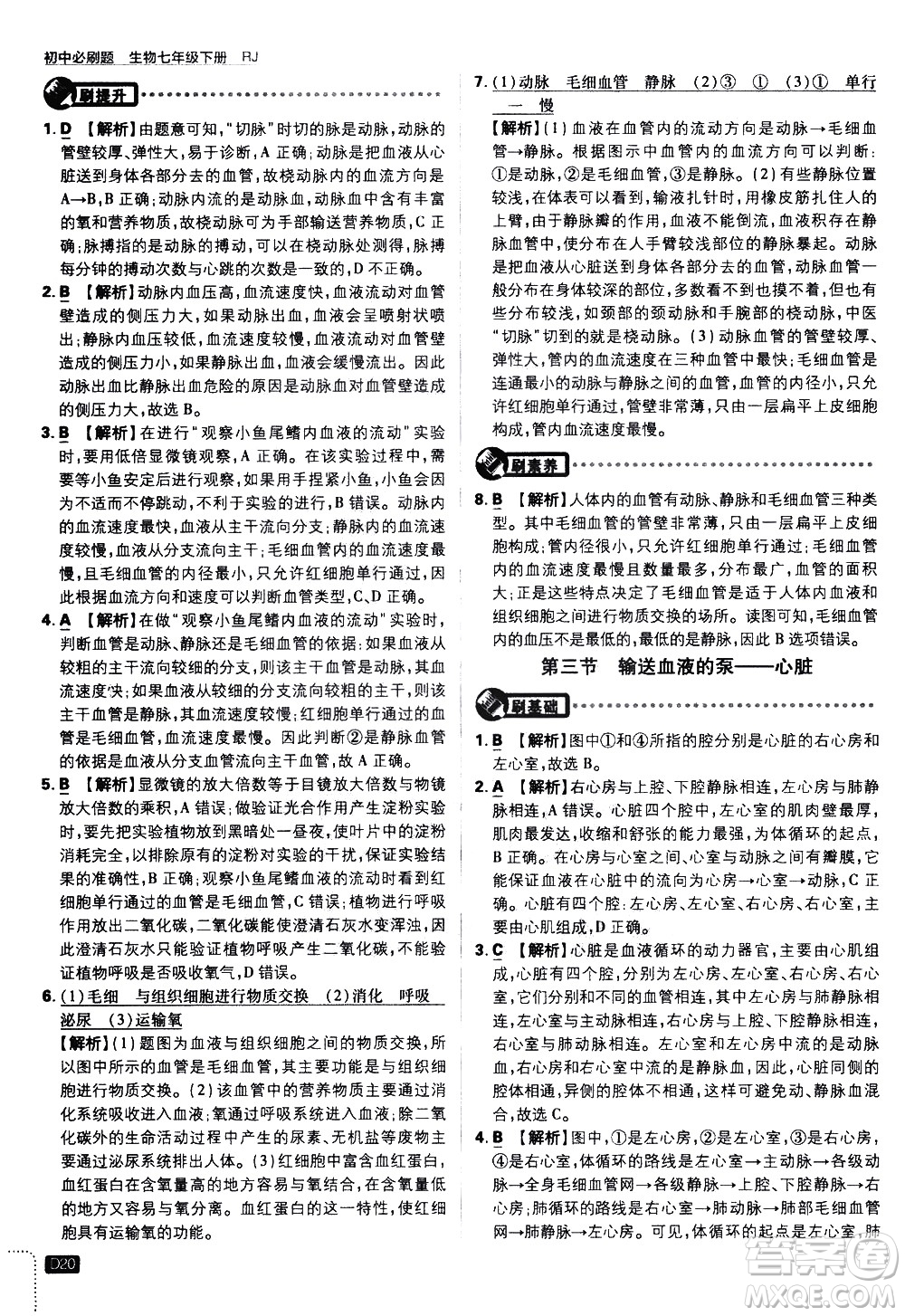 開明出版社2021版初中必刷題生物七年級(jí)下冊RJ人教版答案