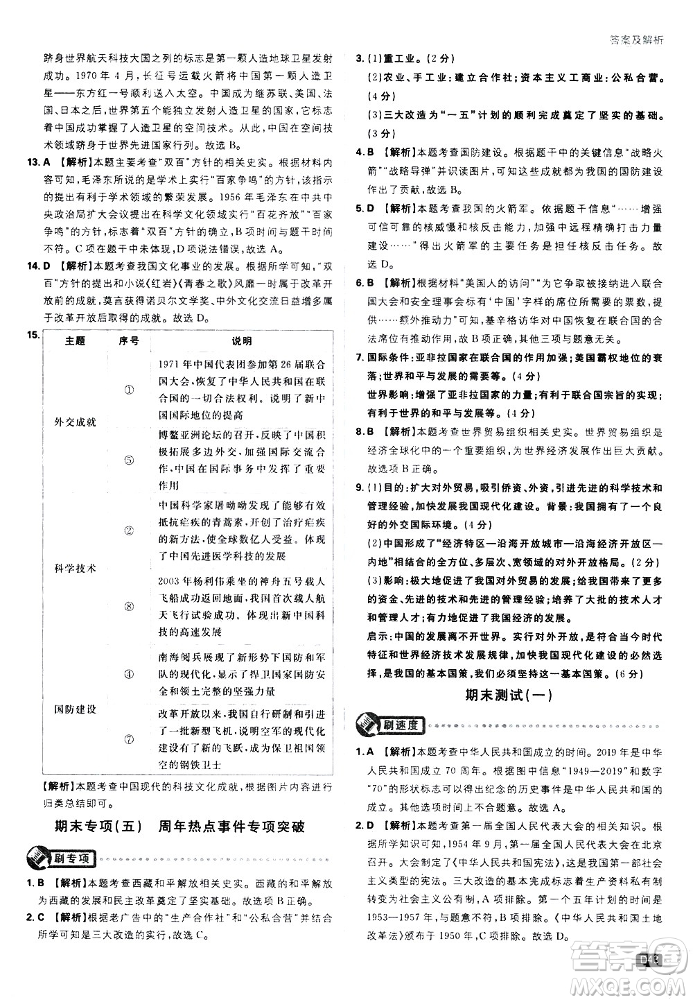 開明出版社2021版初中必刷題歷史八年級下冊RJ人教版答案