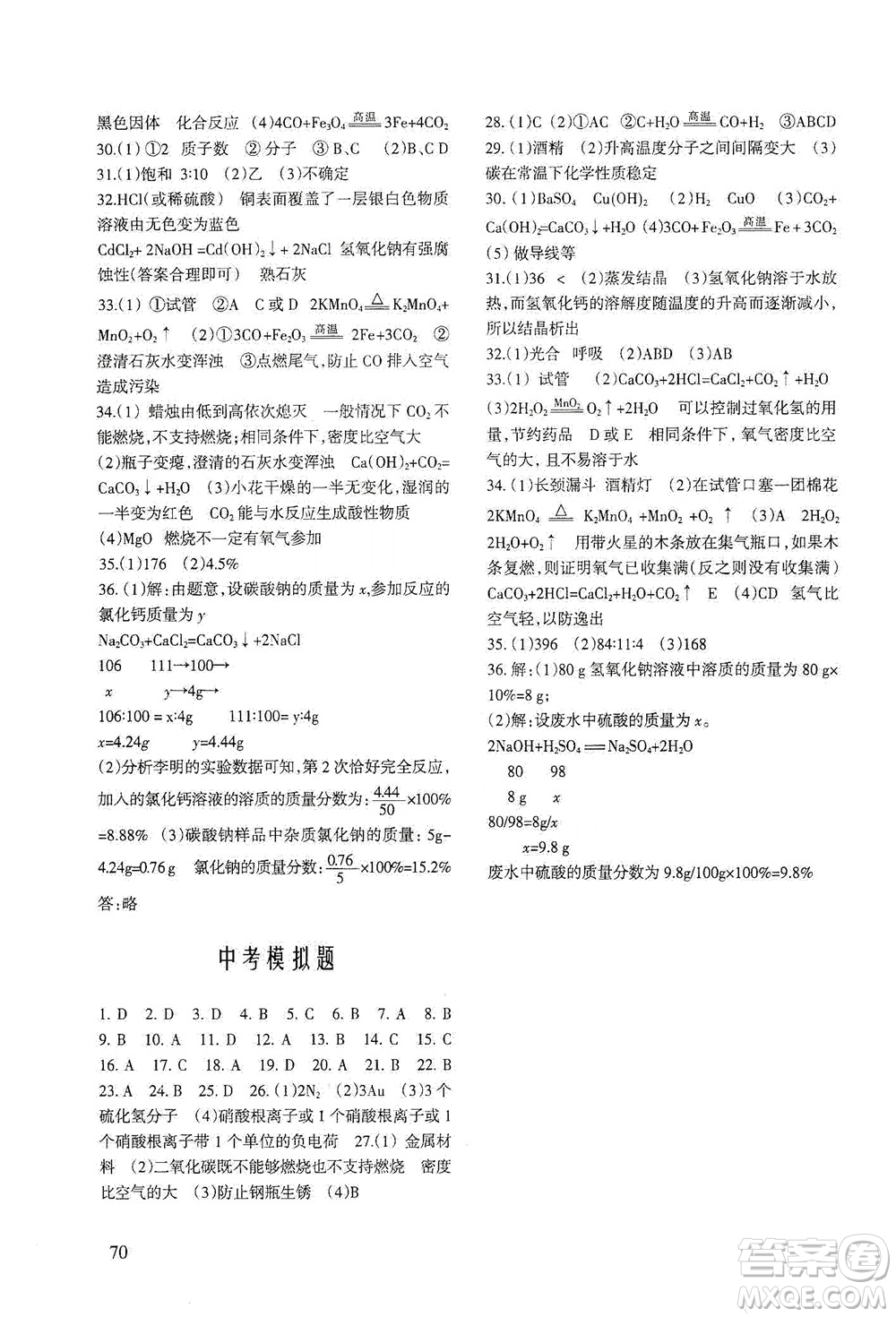 科學(xué)出版社2021年化學(xué)配套綜合練習(xí)九年級(jí)下冊(cè)科學(xué)版答案