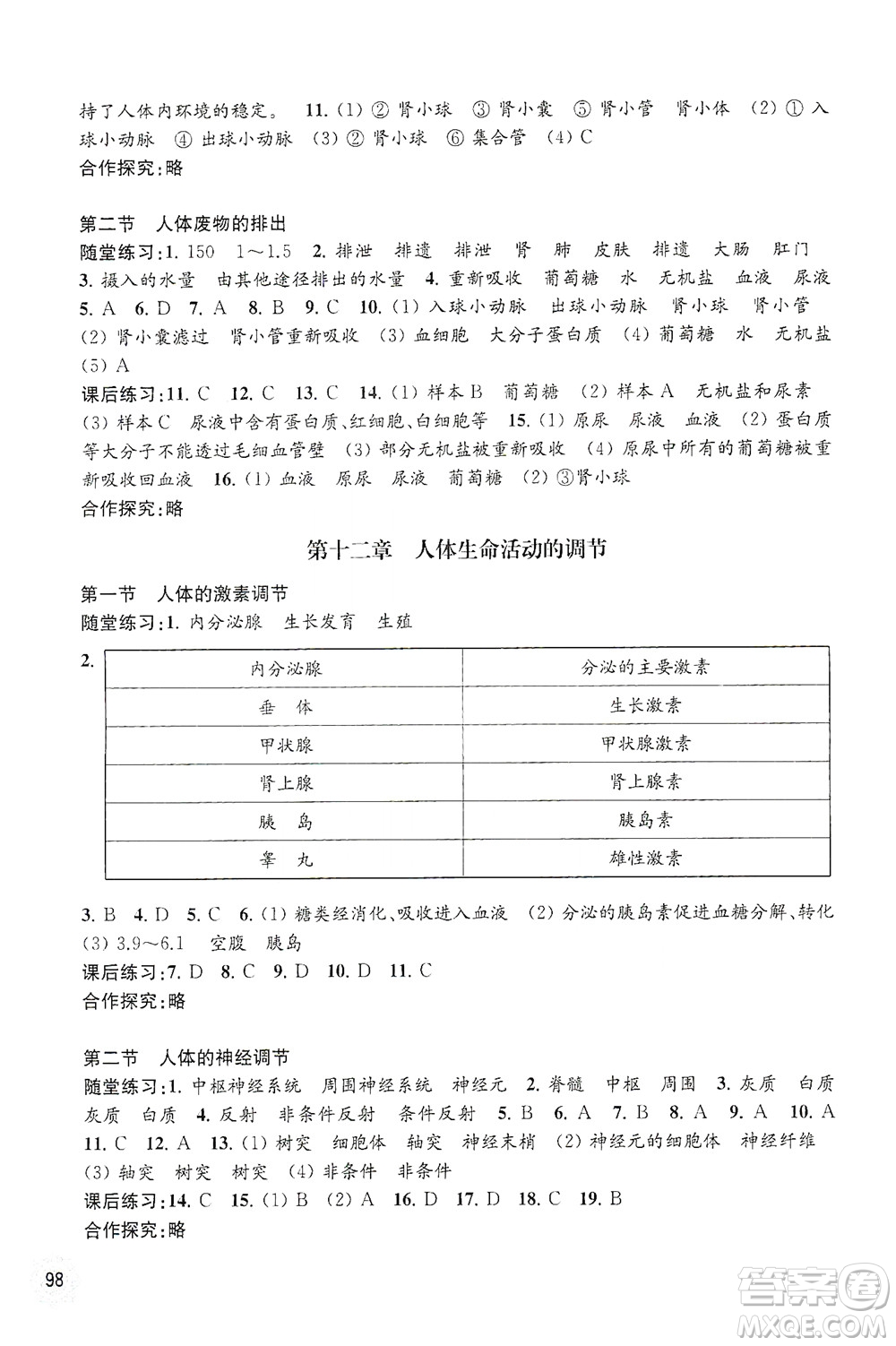 江蘇鳳凰教育出版社2021年生物學配套綜合練習七年級下冊江蘇教育版答案