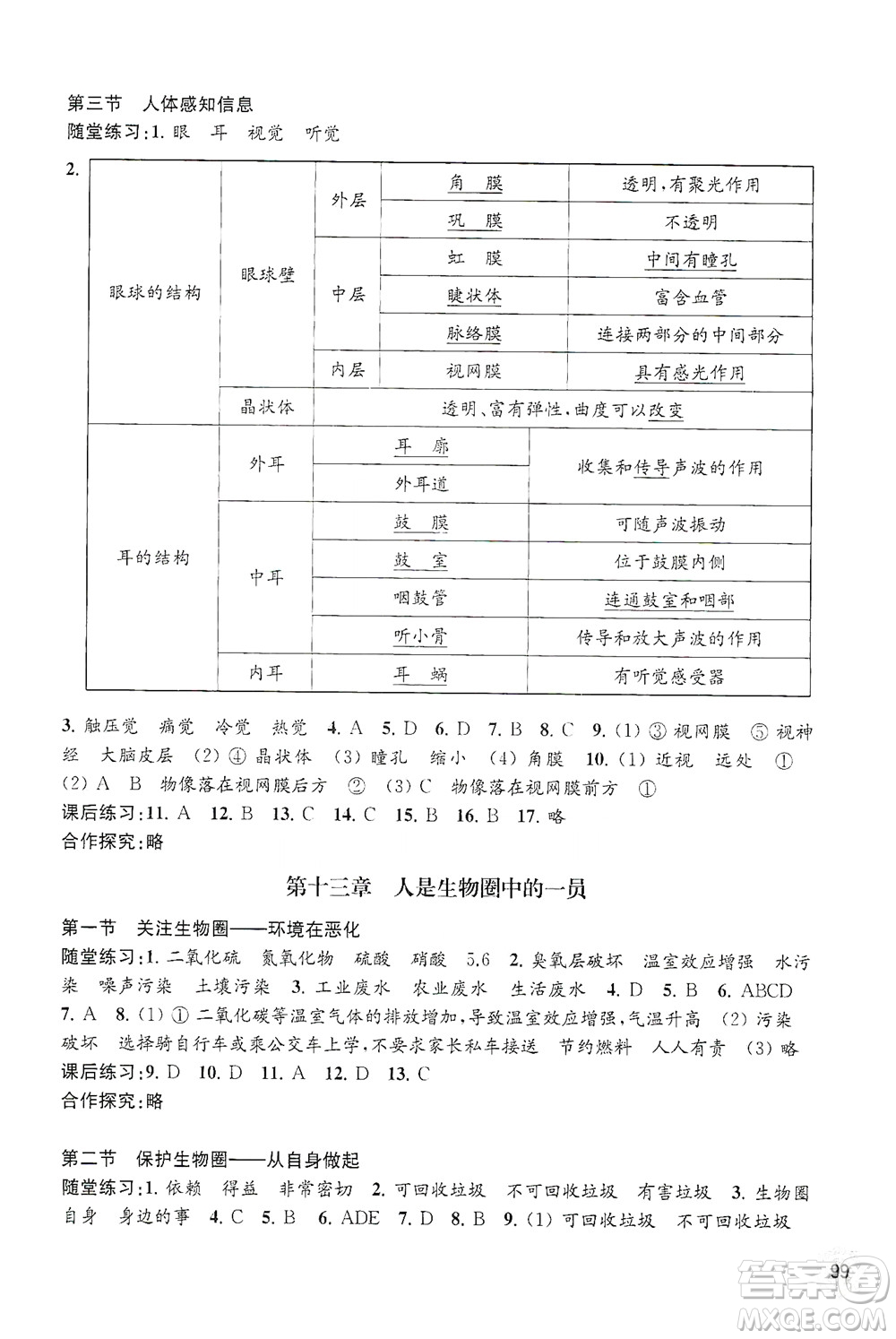 江蘇鳳凰教育出版社2021年生物學配套綜合練習七年級下冊江蘇教育版答案