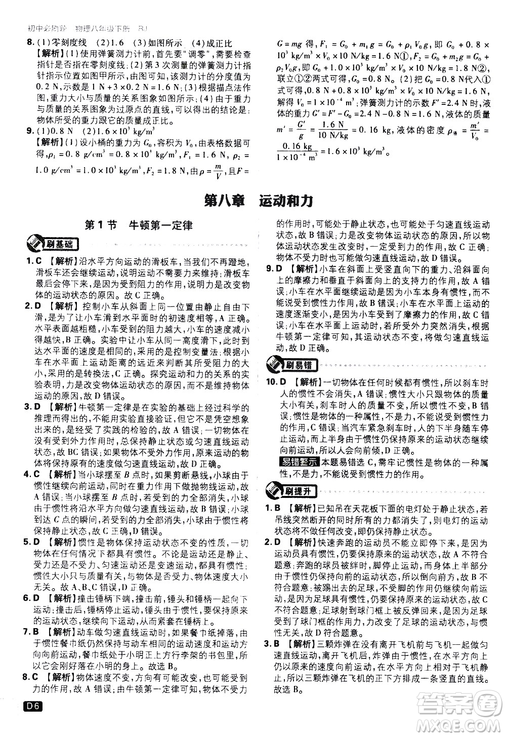 開(kāi)明出版社2021版初中必刷題物理八年級(jí)下冊(cè)RJ人教版答案