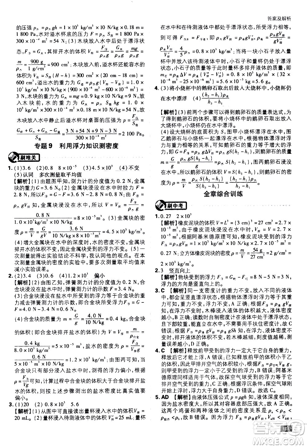 開(kāi)明出版社2021版初中必刷題物理八年級(jí)下冊(cè)RJ人教版答案