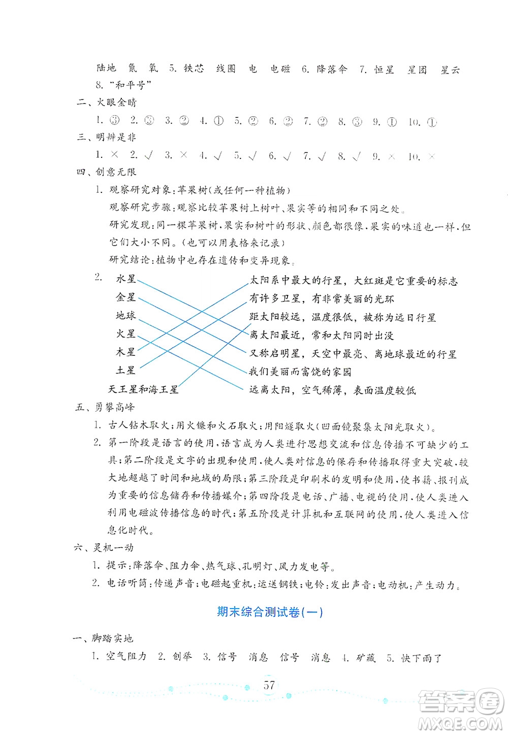 山東教育出版社2021年小學(xué)科學(xué)金鑰匙試卷六年級(jí)下冊青島版答案