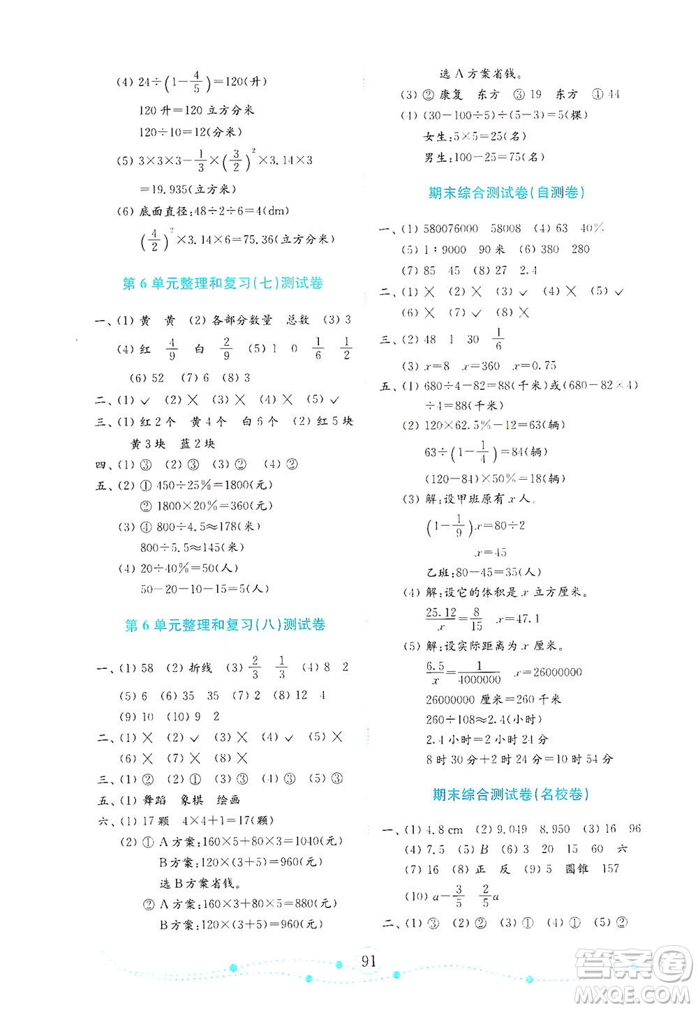 山東教育出版社2021年小學(xué)數(shù)學(xué)金鑰匙試卷六年級(jí)下冊(cè)人教版答案