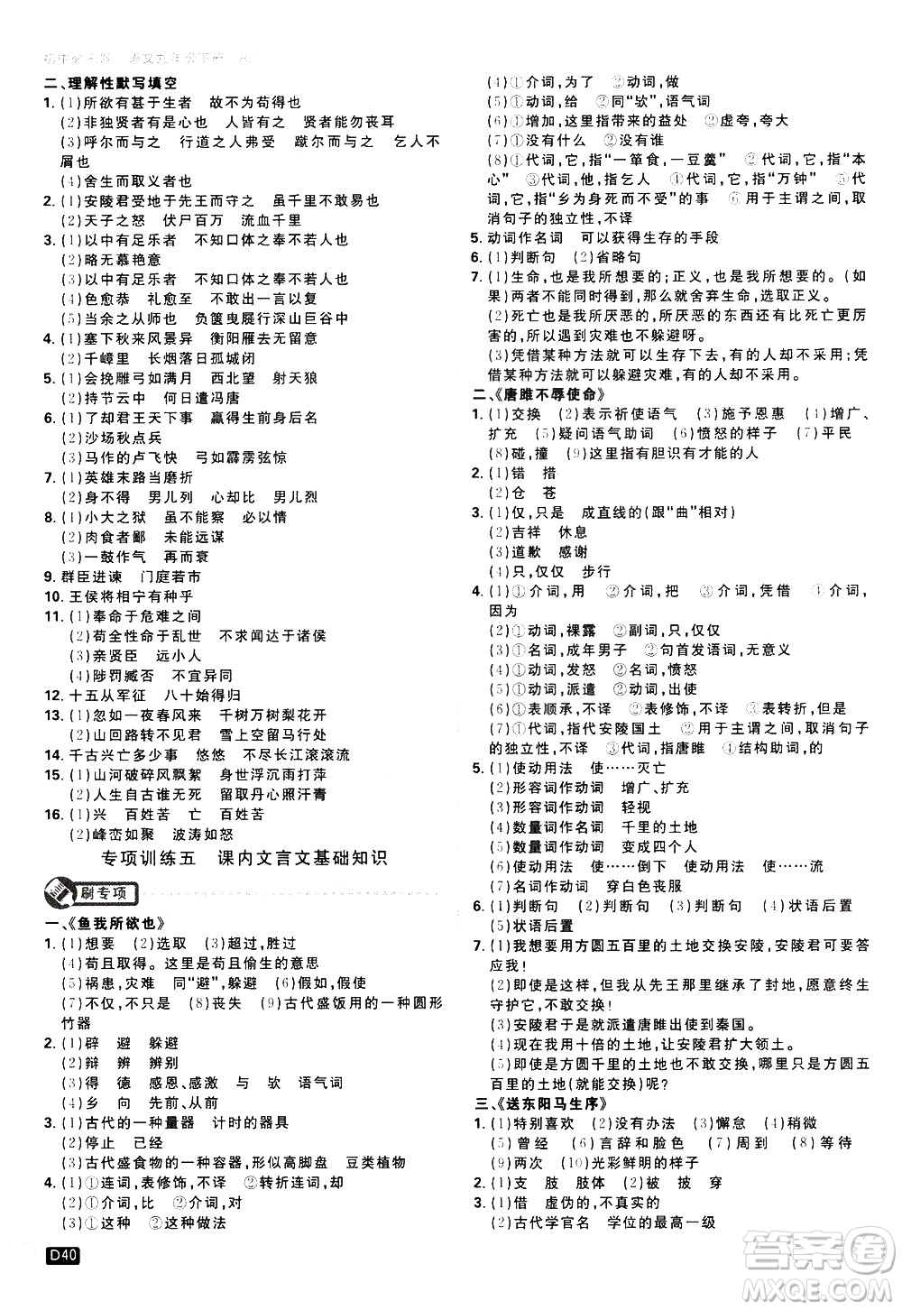 開明出版社2021版初中必刷題語文九年級下冊RJ人教版答案