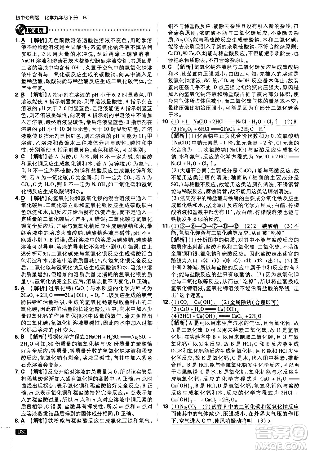 開明出版社2021版初中必刷題化學(xué)九年級下冊RJ人教版答案