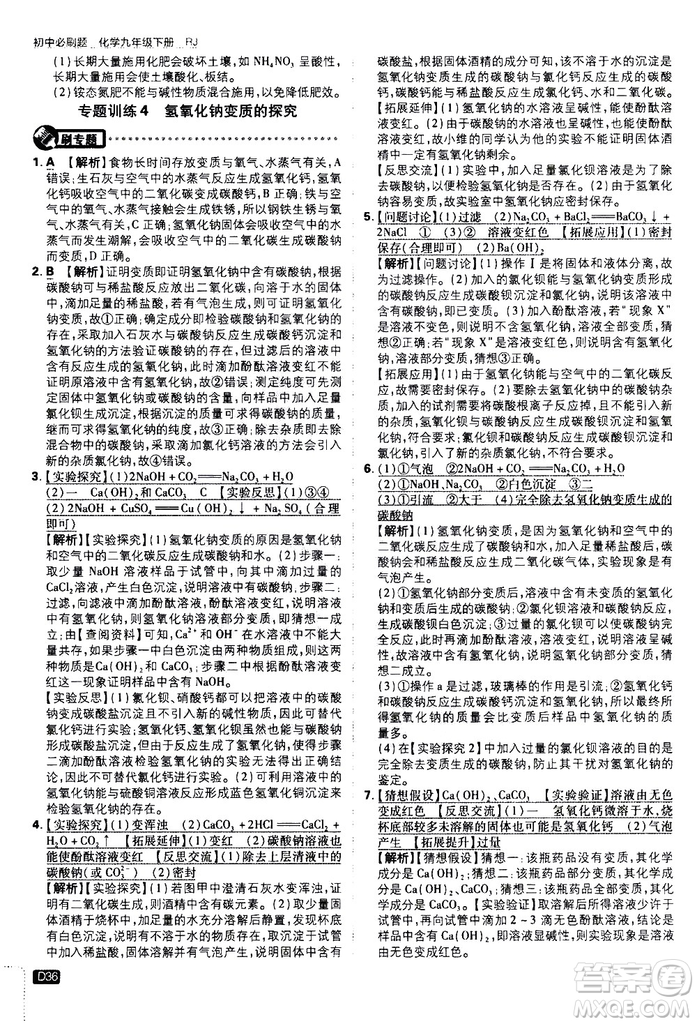 開明出版社2021版初中必刷題化學(xué)九年級下冊RJ人教版答案