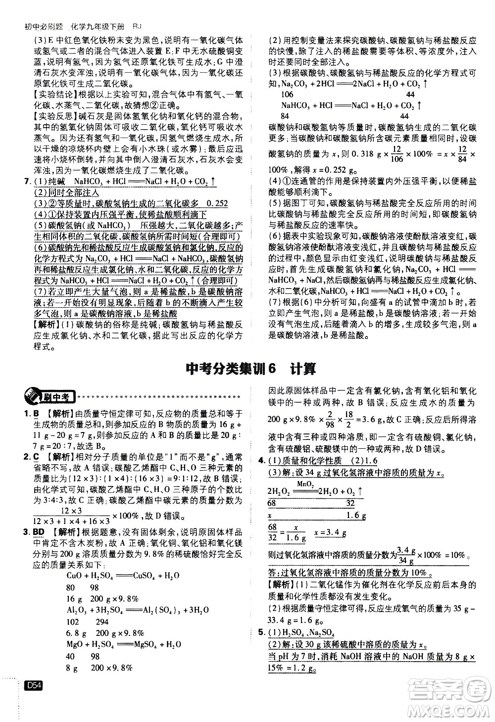 開明出版社2021版初中必刷題化學(xué)九年級下冊RJ人教版答案