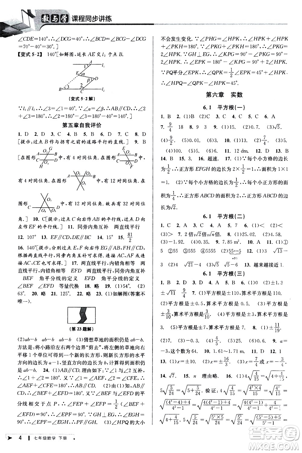 北京教育出版社2021教與學課程同步講練七年級數學下冊人教版答案