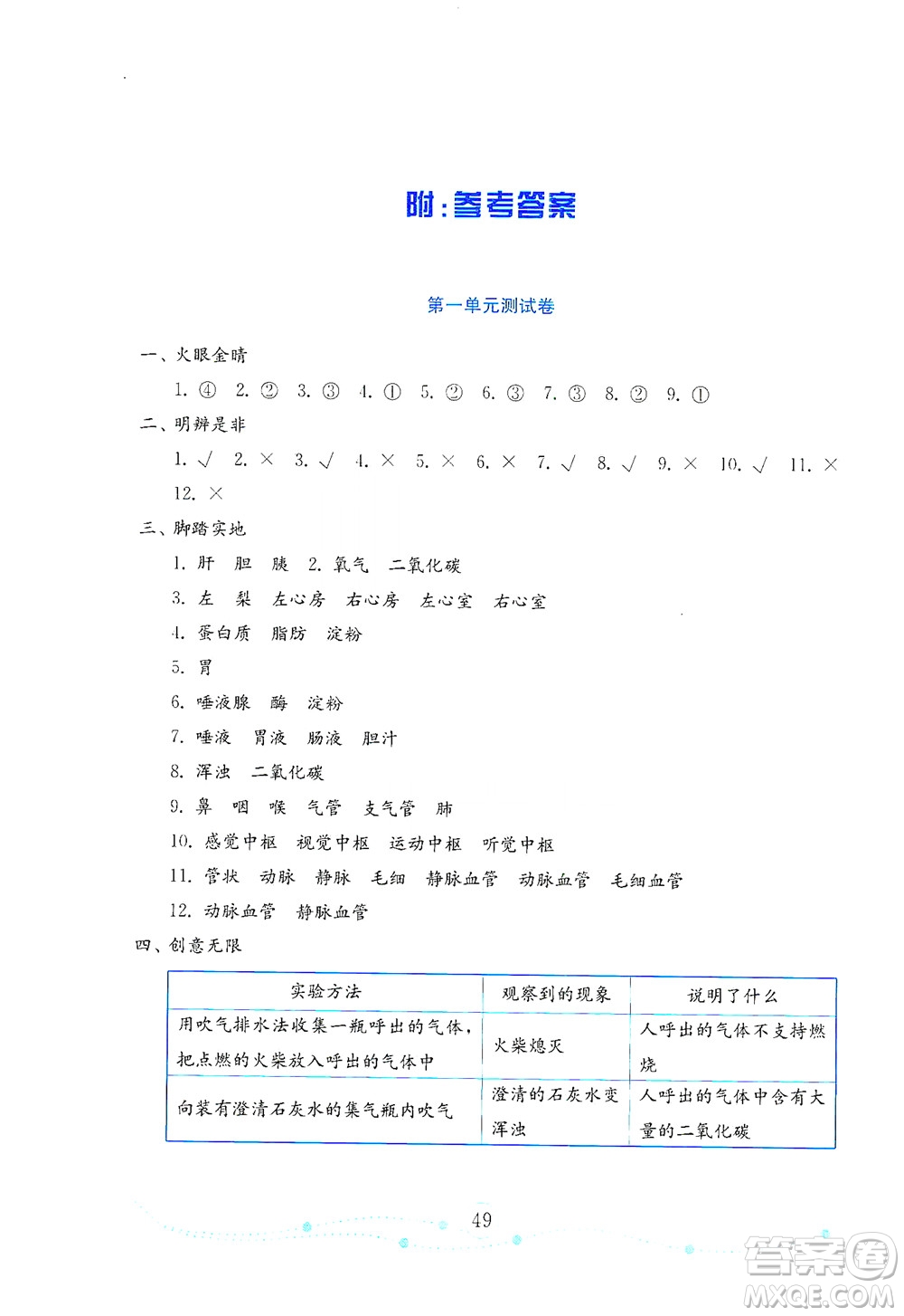 山東教育出版社2021年小學(xué)科學(xué)金鑰匙試卷五年級下冊青島版答案
