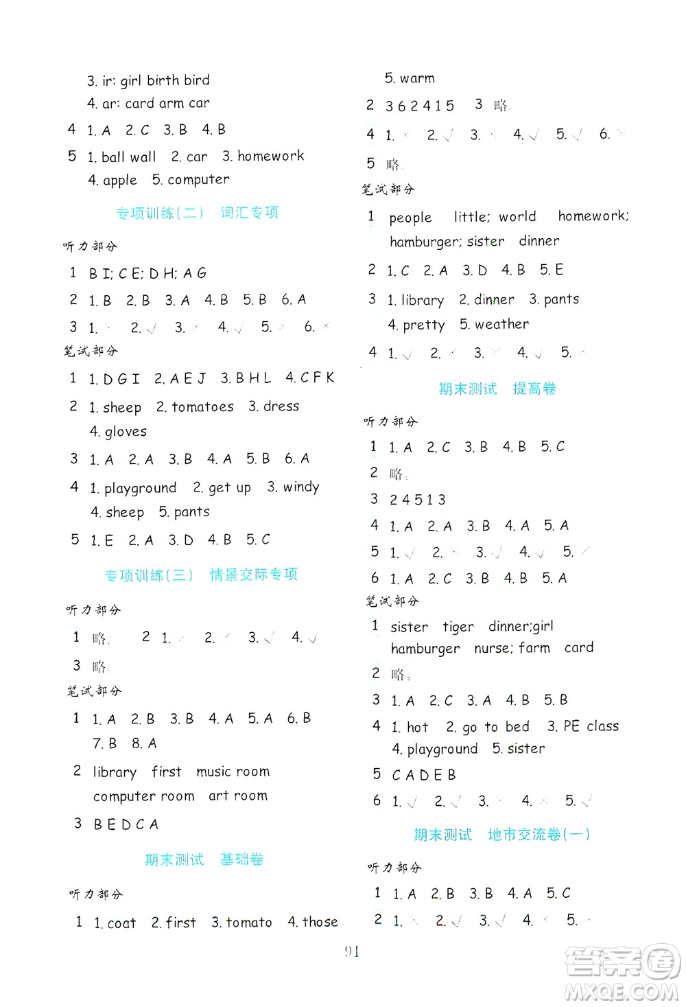 山東教育出版社2021年小學(xué)英語(yǔ)金鑰匙試卷三年級(jí)起點(diǎn)四年級(jí)下冊(cè)金版人教版答案