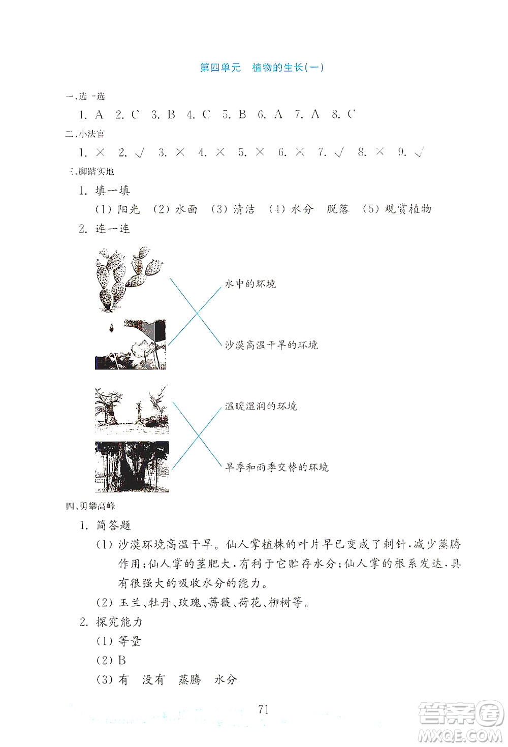 山東教育出版社2021年小學科學金鑰匙試卷四年級下冊金版青島版答案
