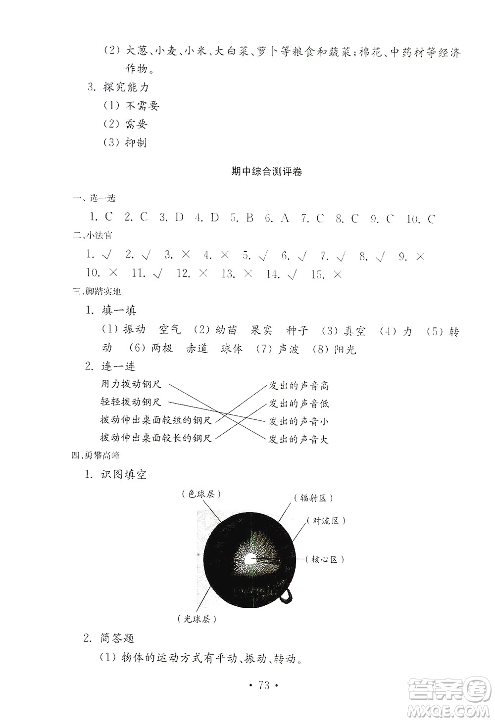 山東教育出版社2021年小學(xué)科學(xué)金鑰匙試卷四年級下冊青島版答案