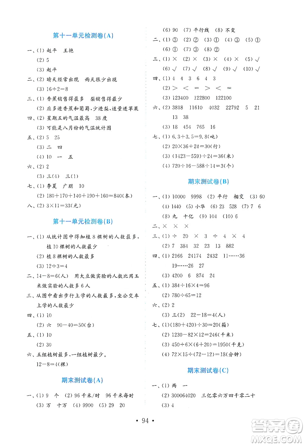 山東教育出版社2021年小學(xué)數(shù)學(xué)金鑰匙試卷五四制三年級(jí)下冊(cè)金版答案