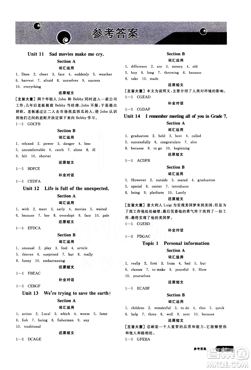 陽(yáng)光出版社2021練就優(yōu)等生英語(yǔ)江西特色題型專練九年級(jí)全一冊(cè)新課標(biāo)RJ人教版答案