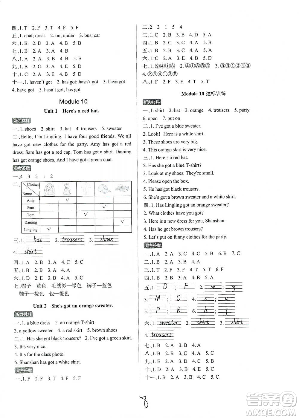 陜西師范大學(xué)出版社2021PASS小學(xué)學(xué)霸作業(yè)本英語三年級下冊WY版參考答案