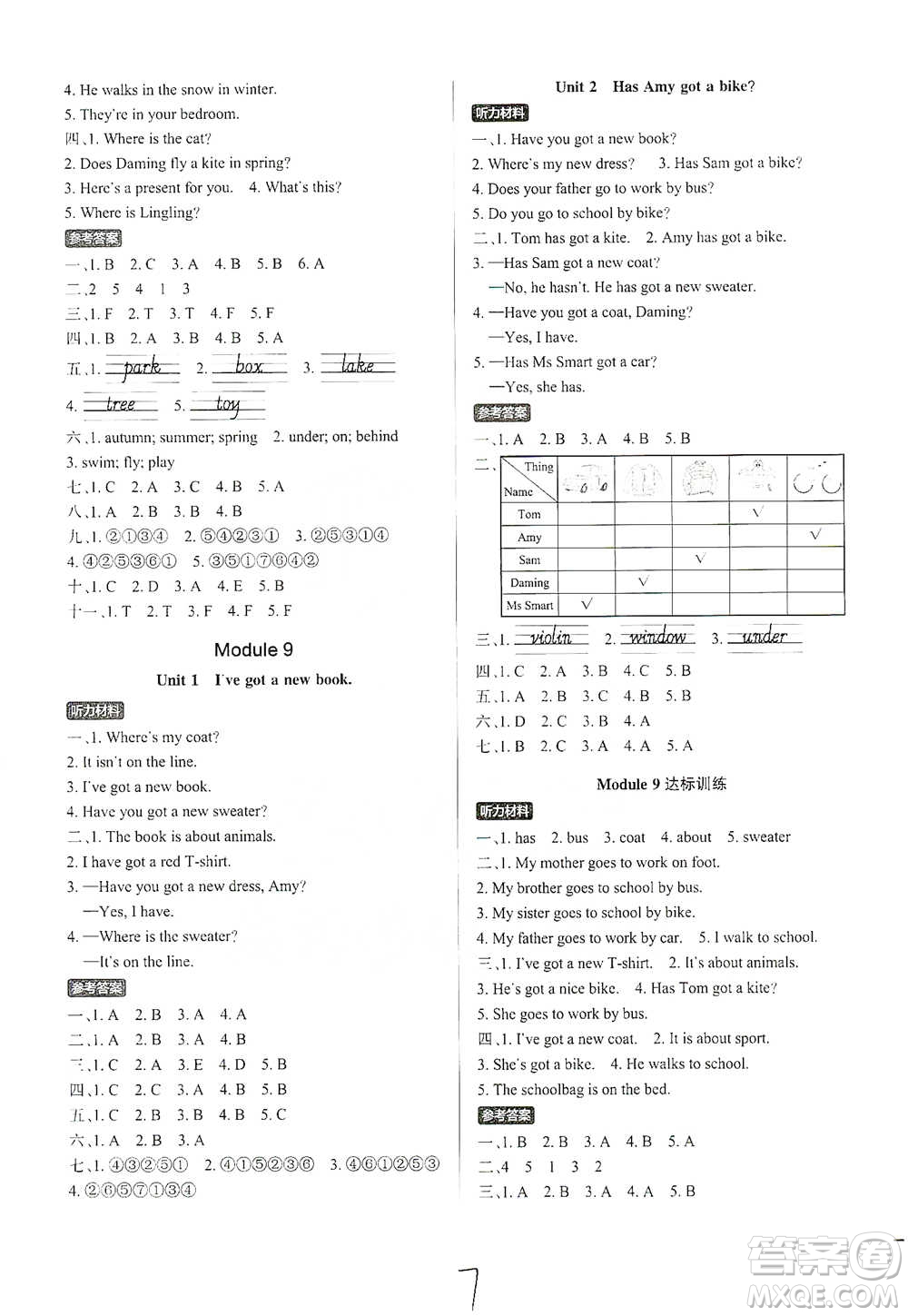 陜西師范大學(xué)出版社2021PASS小學(xué)學(xué)霸作業(yè)本英語三年級下冊WY版參考答案