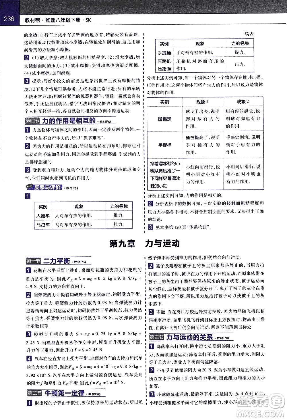 南京師范大學出版社2021教材幫初中物理八年級下冊SK蘇科版答案