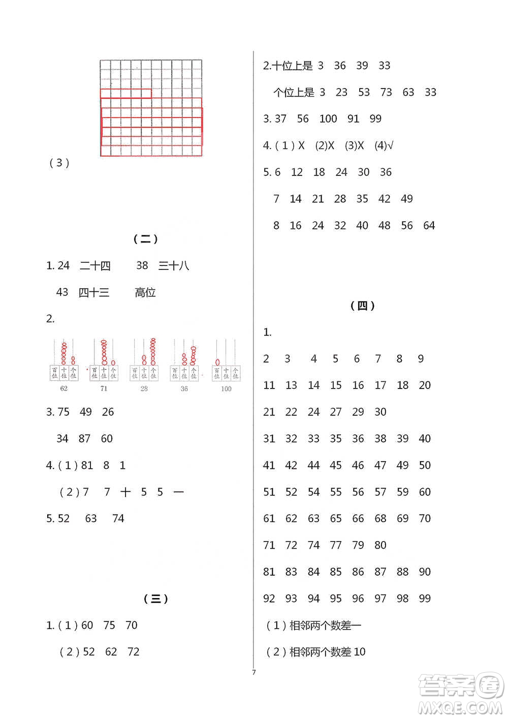 浙江教育出版社2021數(shù)學課堂作業(yè)本一年級下冊人教版參考答案