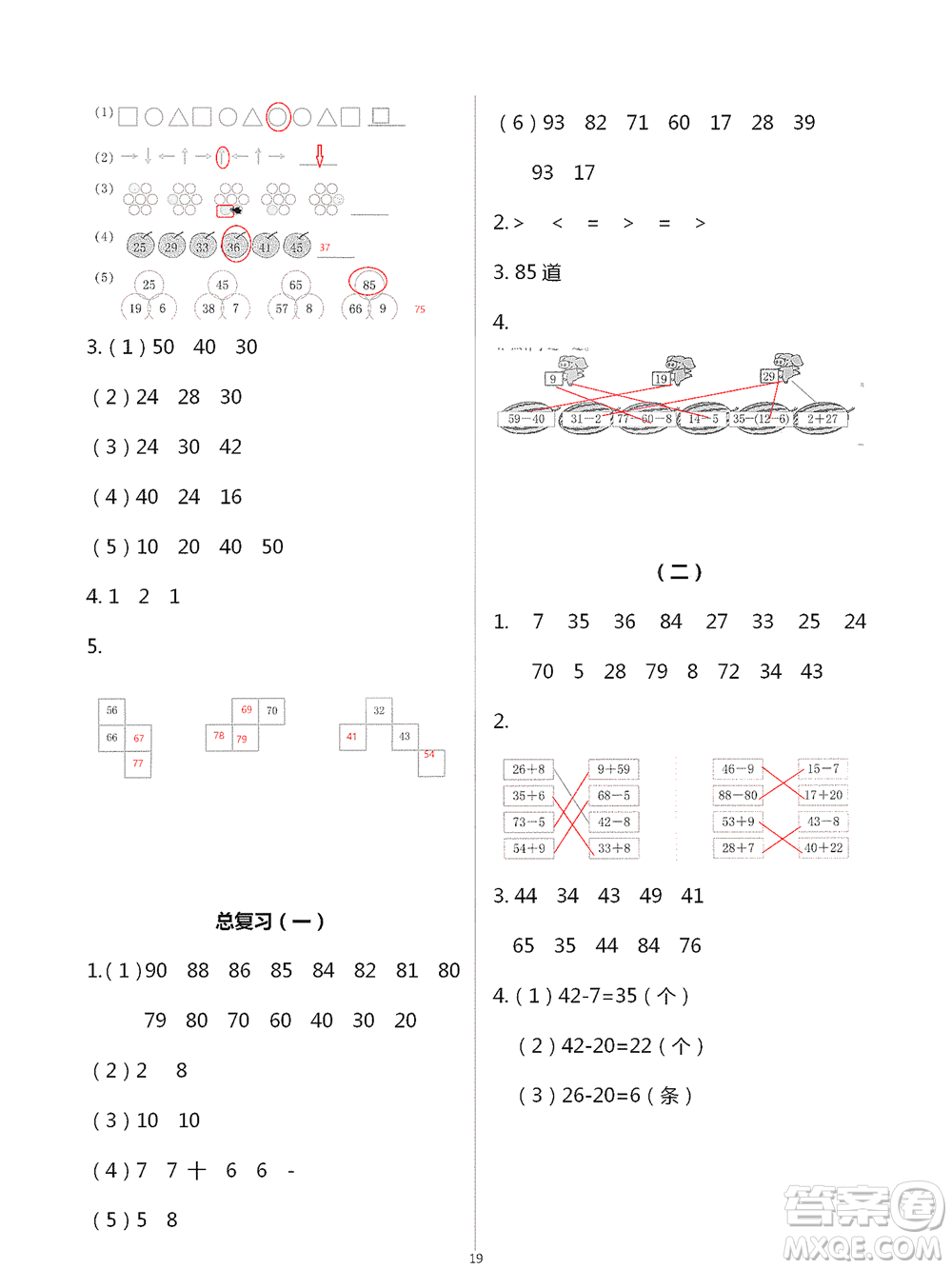 浙江教育出版社2021數(shù)學課堂作業(yè)本一年級下冊人教版參考答案