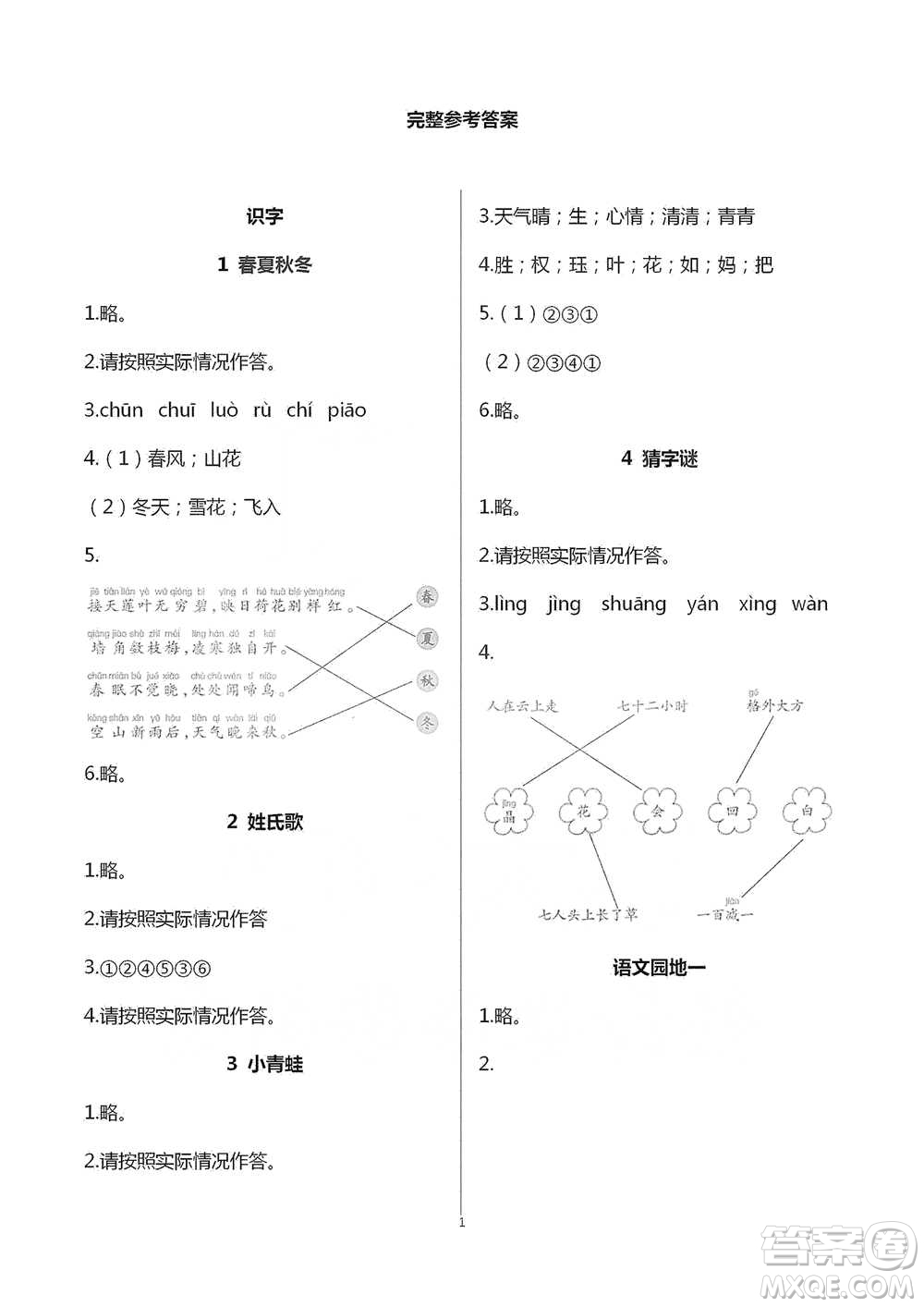 浙江教育出版社2021語(yǔ)文課堂作業(yè)本一年級(jí)下冊(cè)人教版參考答案