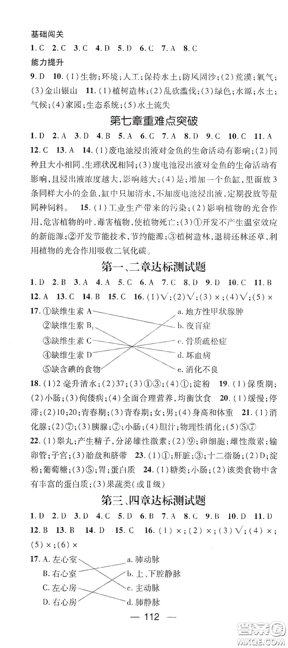 江西教育出版社2021名師測控七年級生物下冊人教版答案