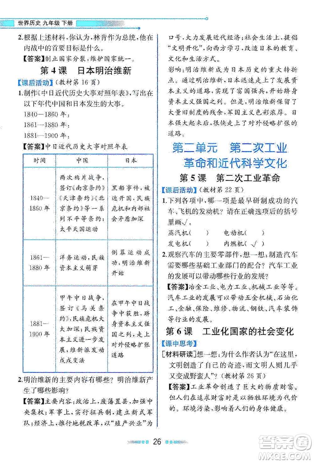 人民教育出版社2021教材解讀世界歷史九年級下冊人教版答案
