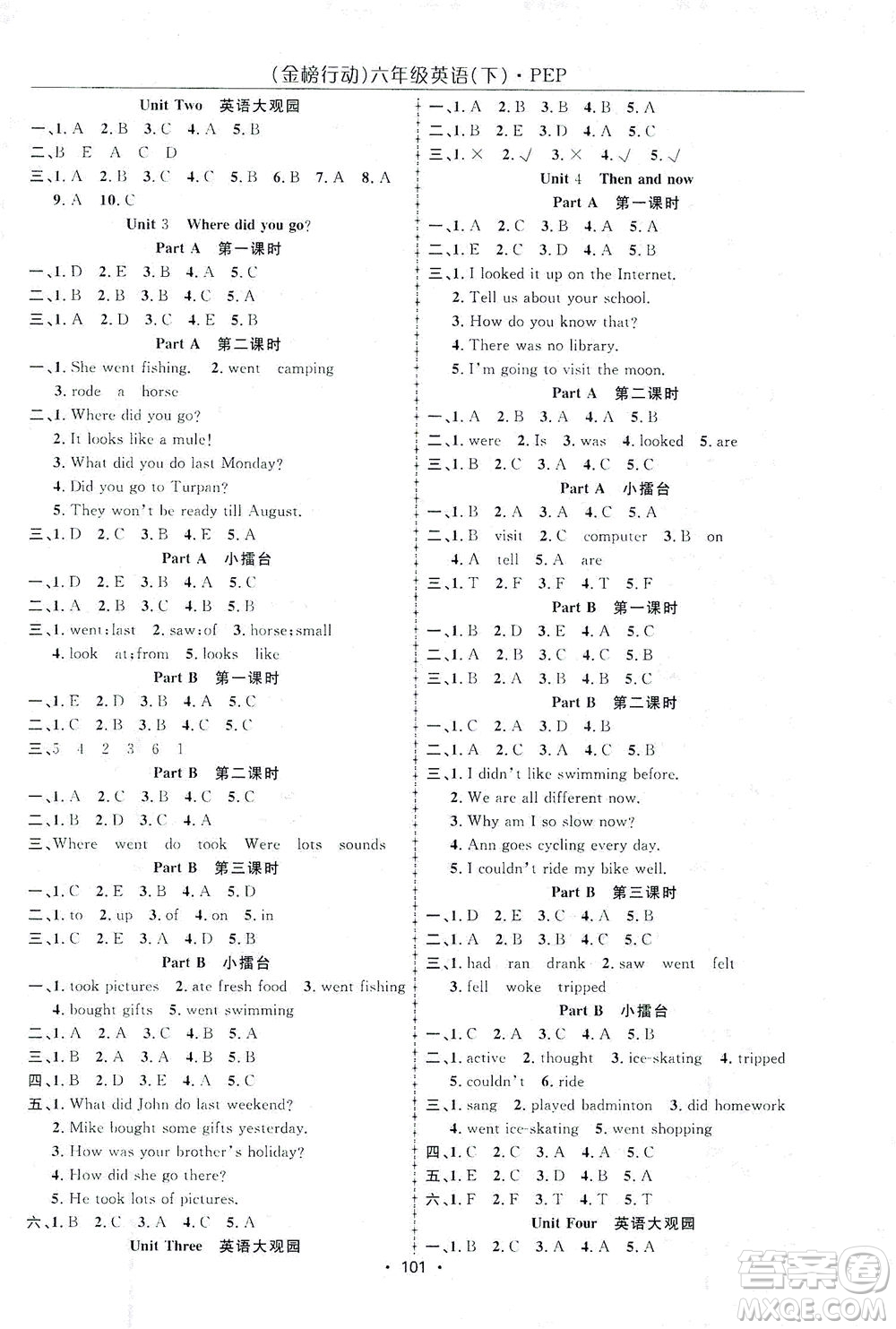 湖北科學(xué)技術(shù)出版社2021金榜行動(dòng)英語六年級(jí)下冊(cè)PEP人教版答案