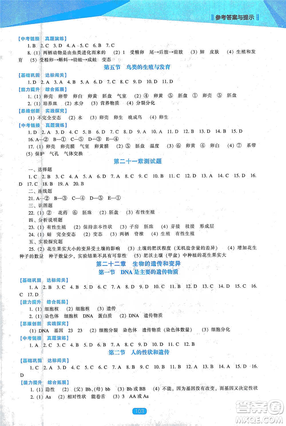 遼海出版社2021新課程生物能力培養(yǎng)八年級(jí)下冊(cè)蘇教版參考答案