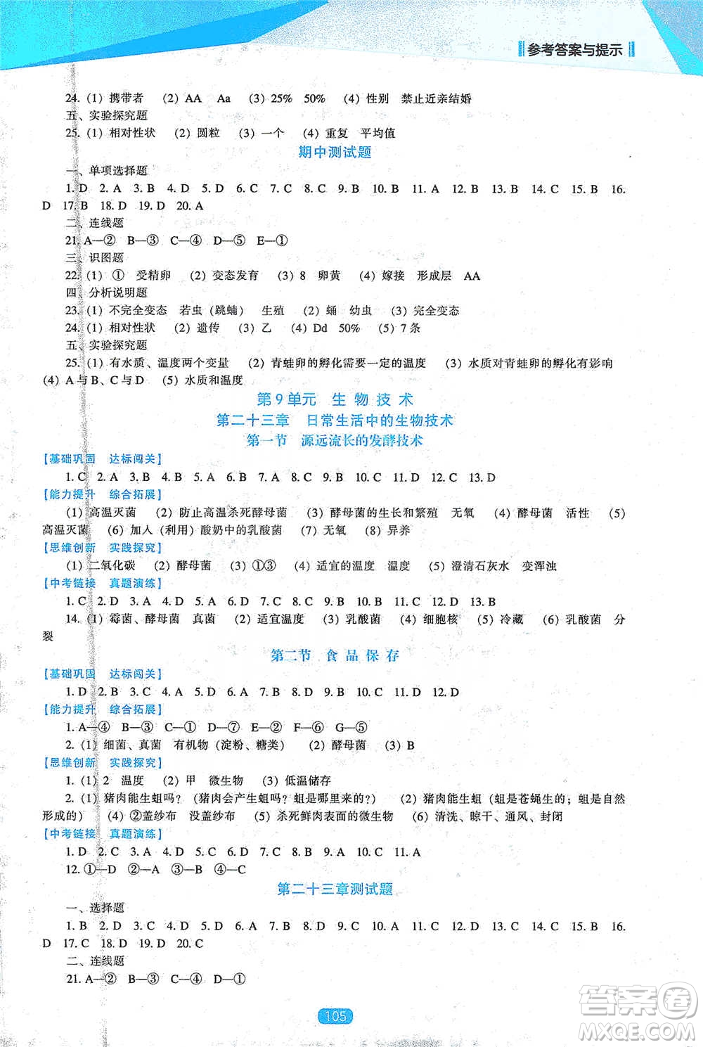 遼海出版社2021新課程生物能力培養(yǎng)八年級(jí)下冊(cè)蘇教版參考答案