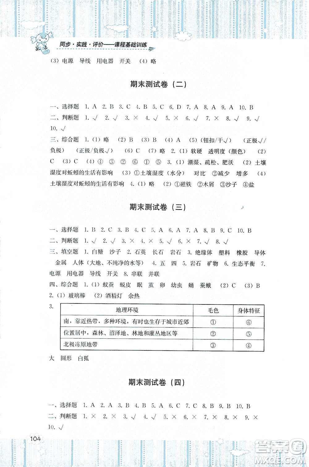 湖南少年兒童出版社2021基礎(chǔ)訓(xùn)練科學(xué)四年級(jí)下冊(cè)湘科版參考答案