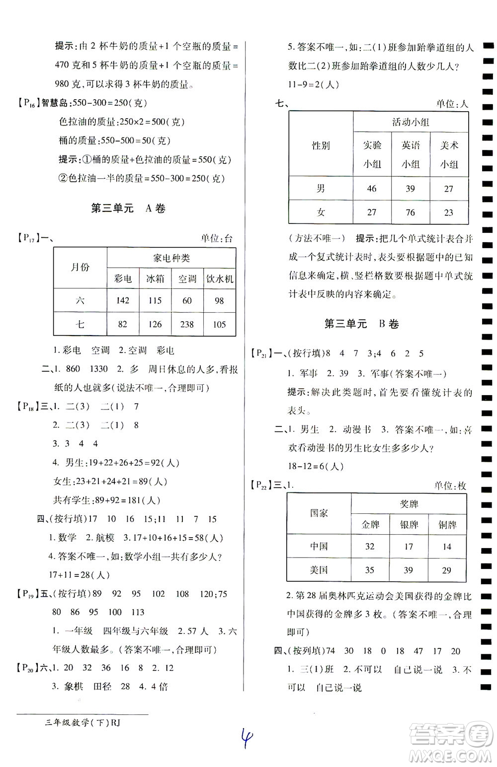 開明出版社2021最新AB卷小學三年級數(shù)學下RJ人教版答案