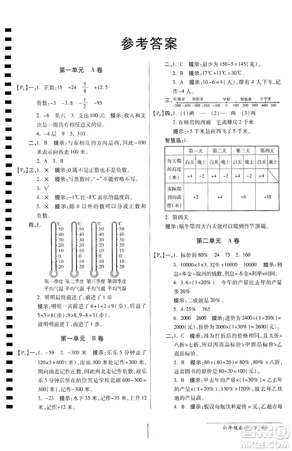 開明出版社2021最新AB卷小學(xué)六年級數(shù)學(xué)下RJ人教版答案