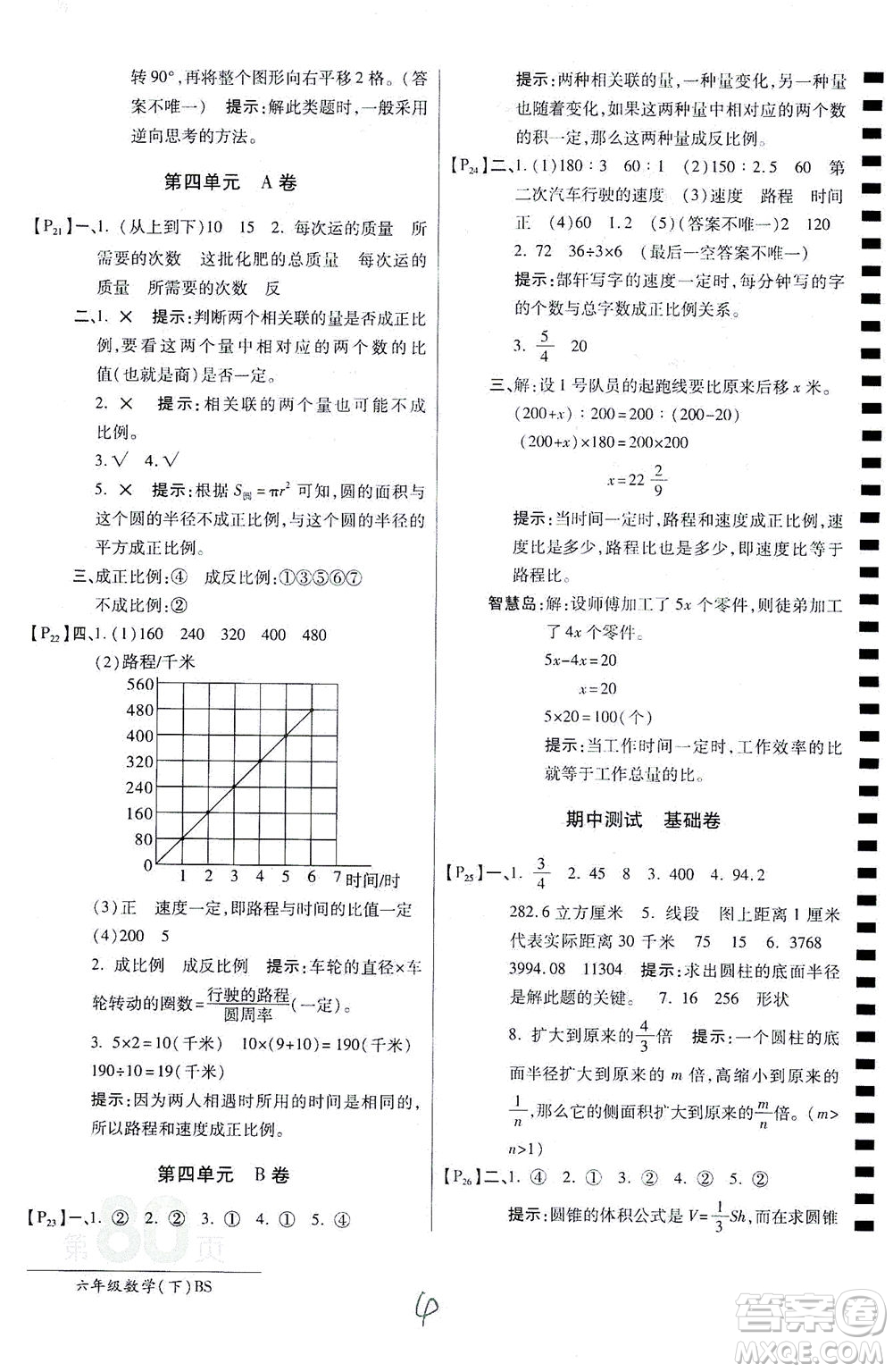 開(kāi)明出版社2021最新AB卷小學(xué)六年級(jí)數(shù)學(xué)下BS北師大版答案