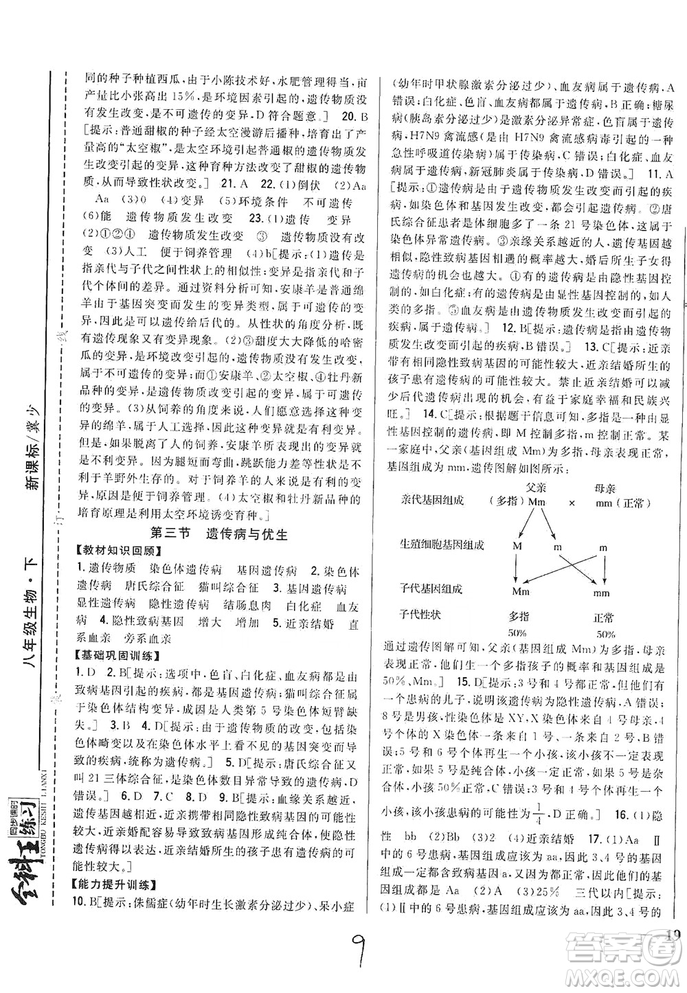 吉林人民出版社2021全科王同步課時練習(xí)生物八年級下冊新課標(biāo)翼少版答案