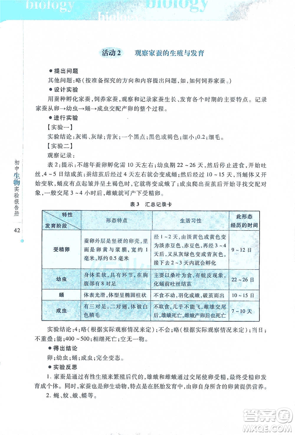 上?？萍冀逃霭嫔?021初中生物實(shí)驗(yàn)報(bào)告冊八年級下冊參考答案