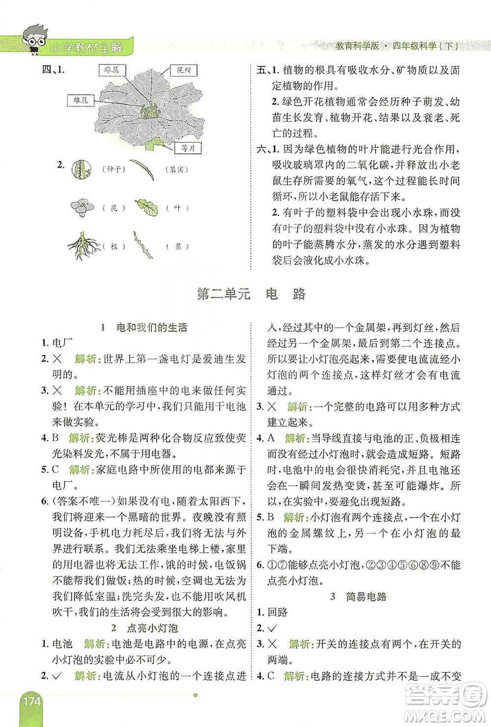 陜西人民教育出版社2021小學(xué)教材全解四年級下冊科學(xué)教育科學(xué)版參考答案