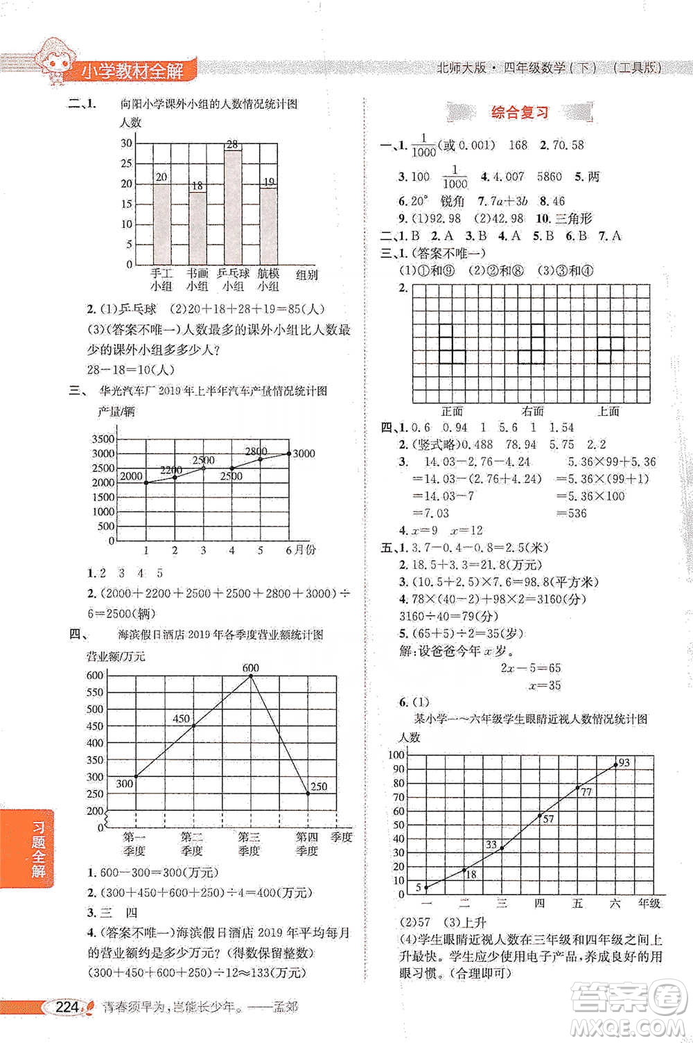 北京師范大學(xué)出版社2021小學(xué)教材全解工具版四年級下冊數(shù)學(xué)北師大版參考答案