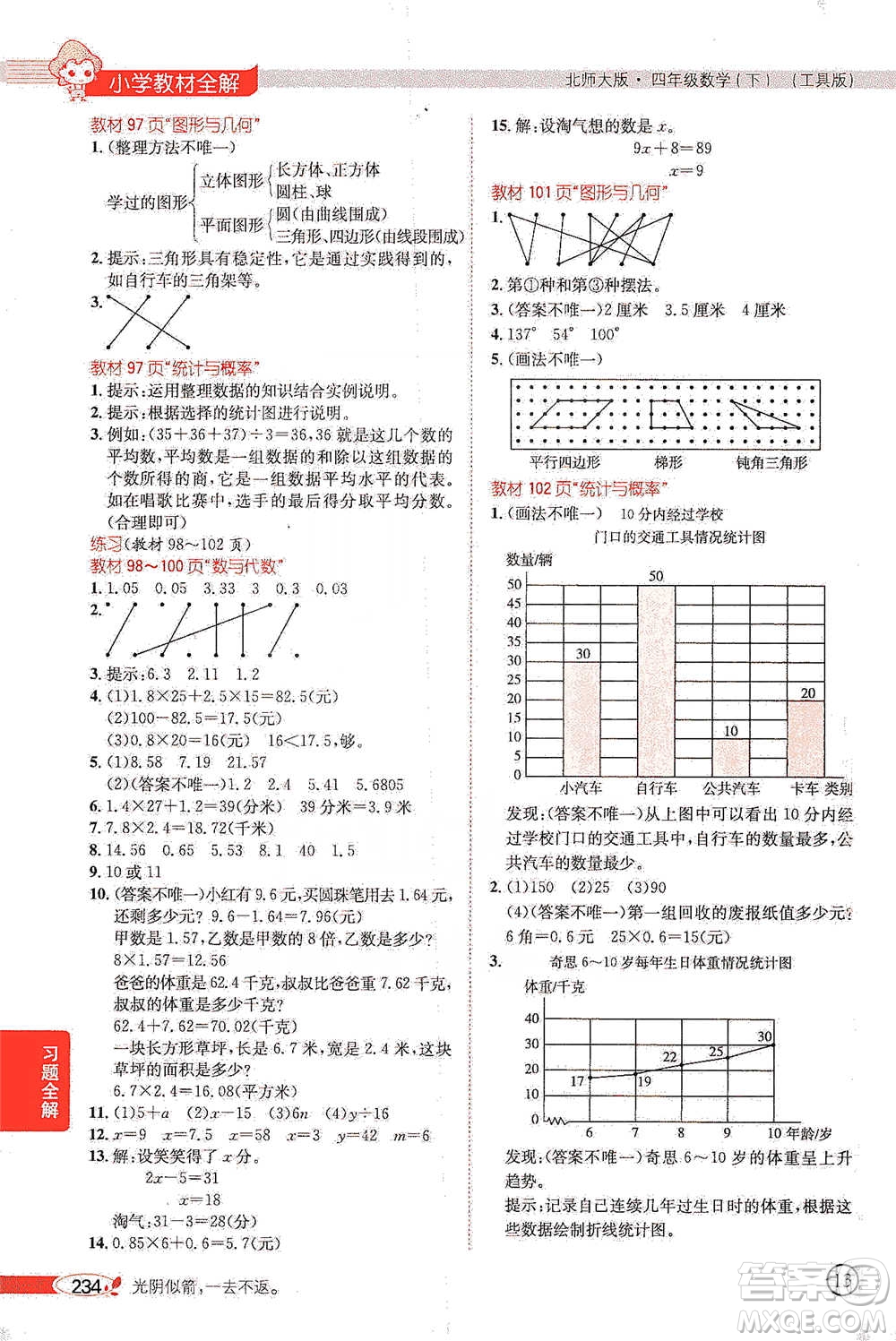 北京師范大學(xué)出版社2021小學(xué)教材全解工具版四年級下冊數(shù)學(xué)北師大版參考答案