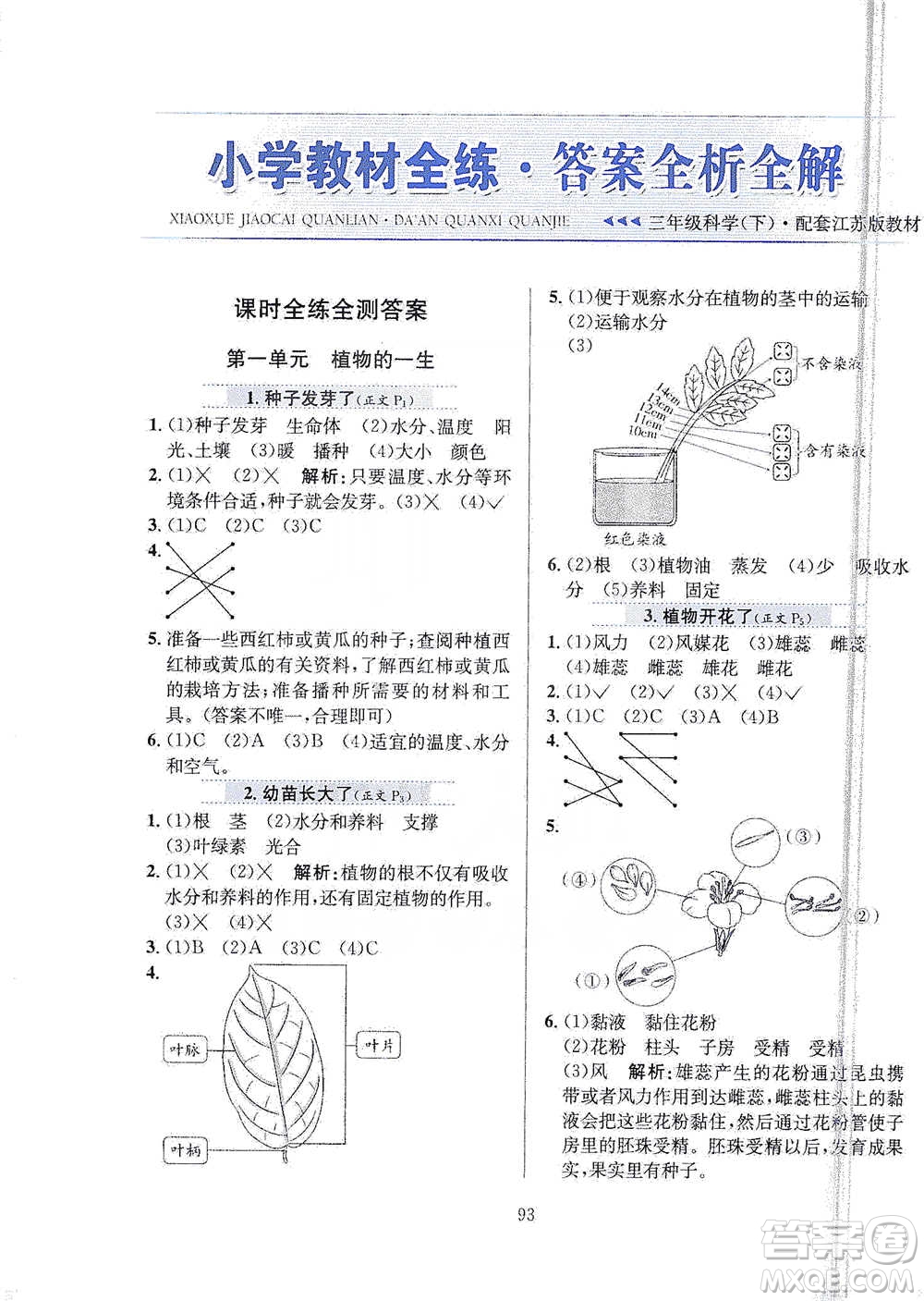 陜西人民教育出版社2021小學(xué)教材全練三年級(jí)下冊(cè)科學(xué)蘇教版參考答案