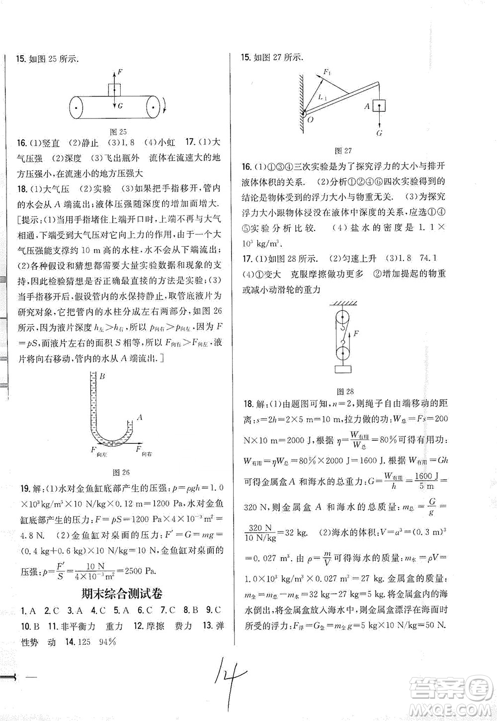 吉林人民出版社2021全科王同步課時(shí)練習(xí)測(cè)試卷物理八年級(jí)下冊(cè)新課標(biāo)人教版答案