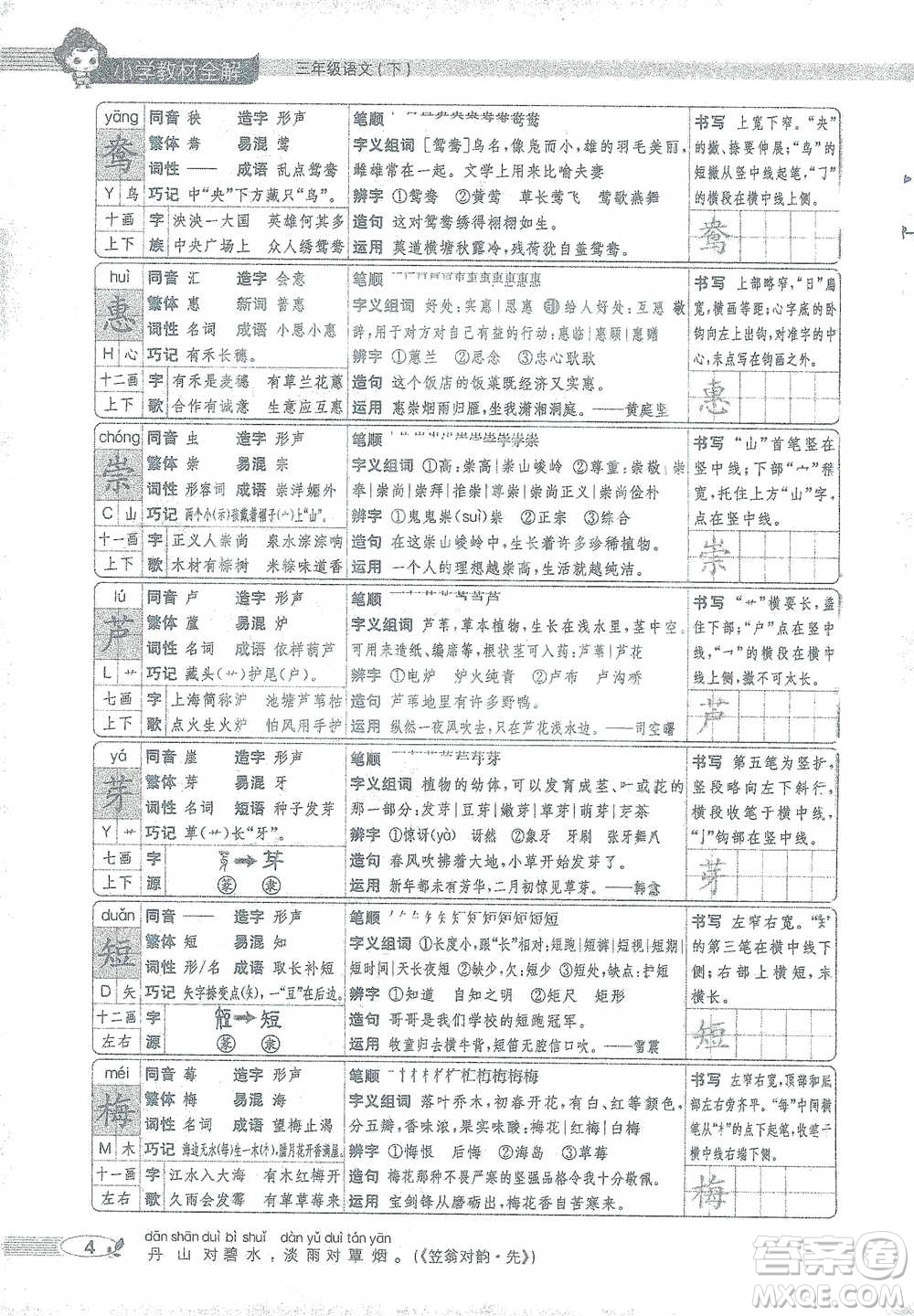 陜西人民教育出版社2021小學(xué)教材全解三年級語文下冊人教版參考答案