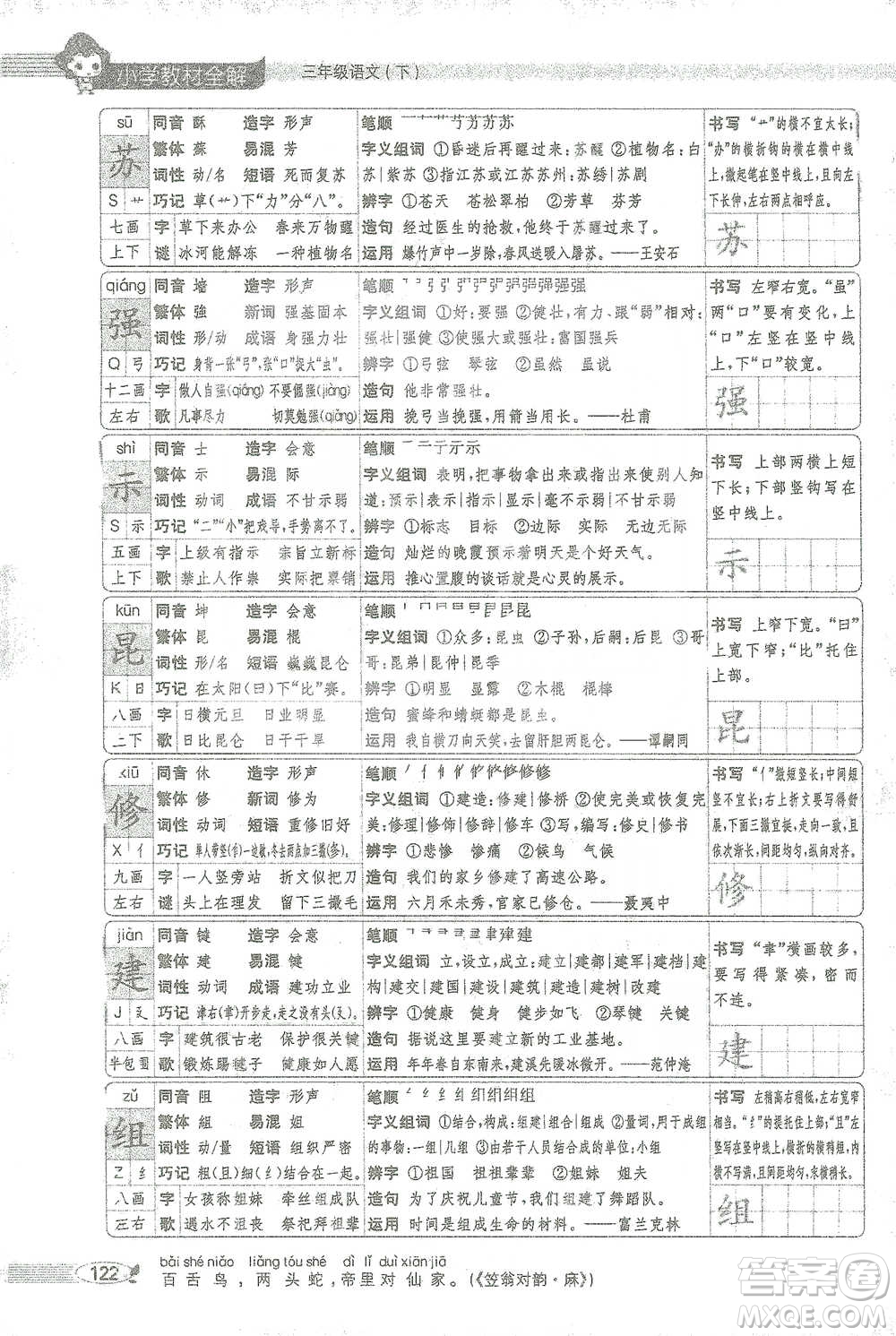 陜西人民教育出版社2021小學(xué)教材全解三年級語文下冊人教版參考答案