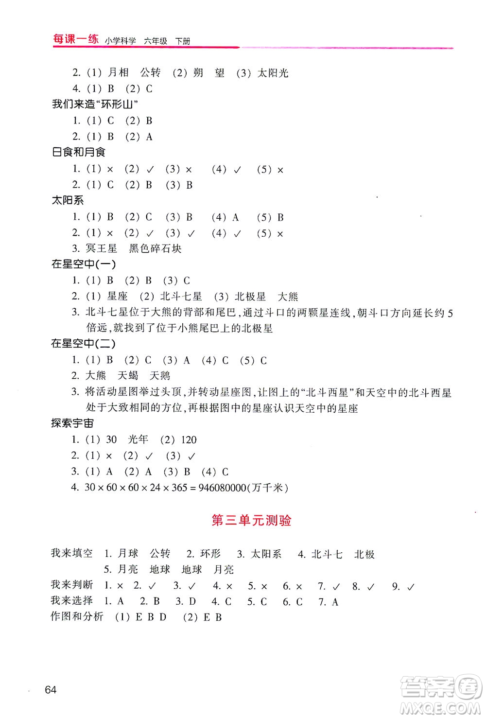 浙江少年兒童出版社2021每課一練六年級下冊小學(xué)科學(xué)J教科版優(yōu)化版答案
