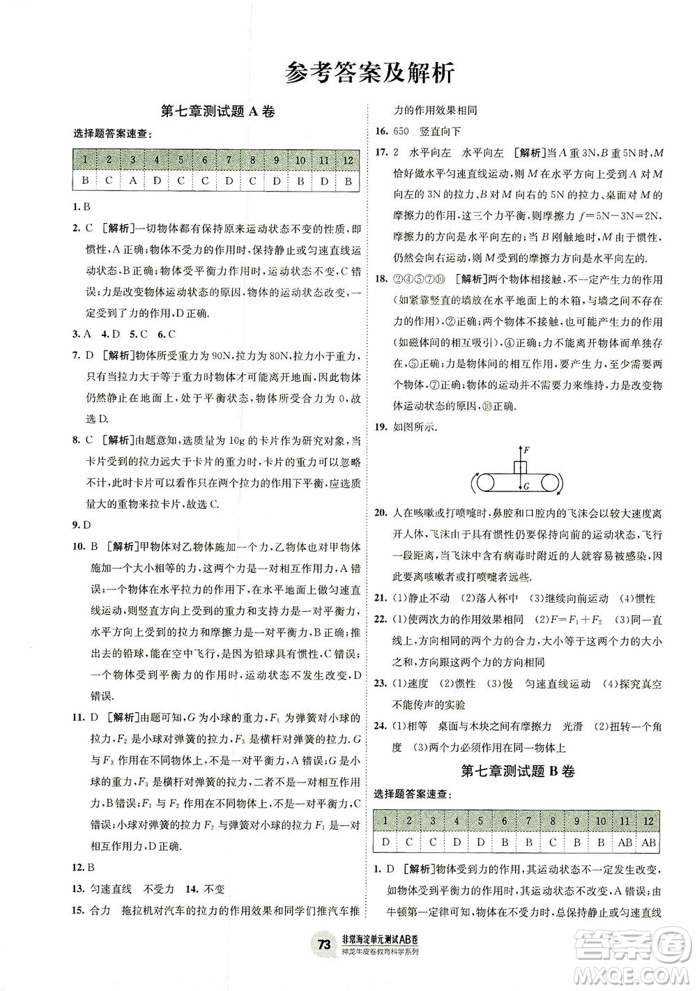 新疆青少年出版社2021海淀單元測試AB卷八年級物理下HK滬科版答案