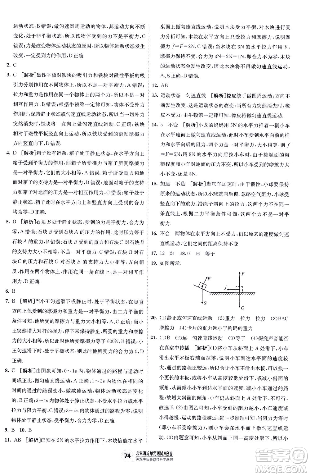 新疆青少年出版社2021海淀單元測試AB卷八年級物理下HK滬科版答案