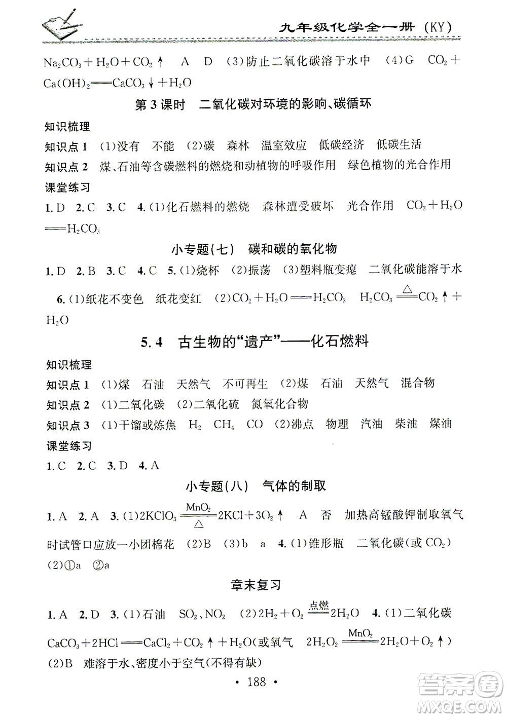 廣東經(jīng)濟出版社2021名校課堂小練習(xí)化學(xué)九年級全一冊KY科粵版答案